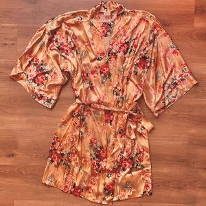 90s floral long sleeve satin wrap midi robe